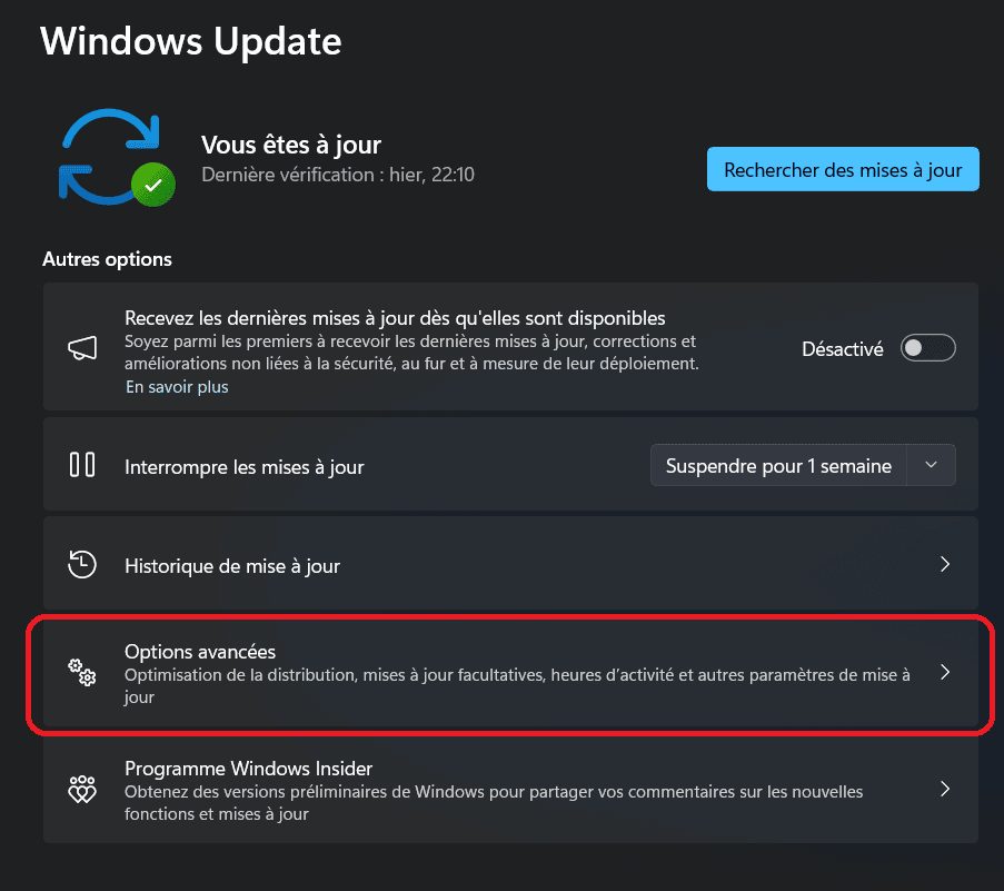 Accéder aux options avancées de Windows Update